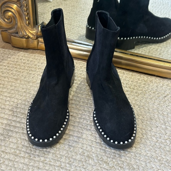 NEW Stuart Weitzman Cline Pearl Embellished Suede Low Heel Bootie Boot Black - Picture 6 of 10